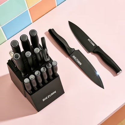 15-Piece Stainless Steel Kitchen Knife Set with Knife Block & Built-In Sharpener