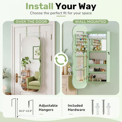 Wavy Mirror Jewelry Cabinet with 6 LED Lights, Interior Makeup Mirror & Lockable Storage