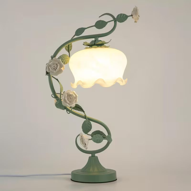Green Flower Glass Table Lamp – Decorative Bedside Lamp for Bedroom & Home