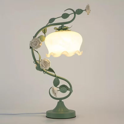 Green Flower Glass Table Lamp – Decorative Bedside Lamp for Bedroom & Home