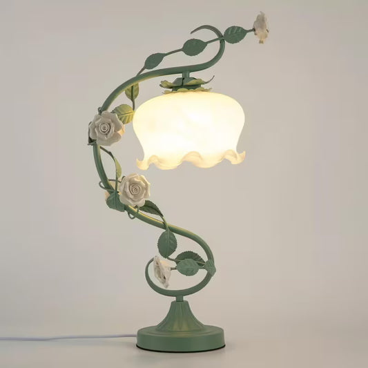Green Flower Glass Table Lamp – Decorative Bedside Lamp for Bedroom & Home