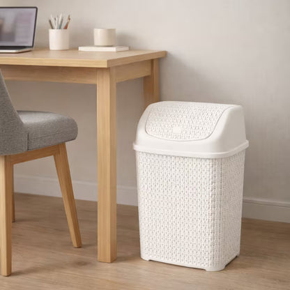 Modern Woven-Style Flip Lid Trash Can, Minimalist Plastic Waste Bin for Bathroom, Bedroom & Office