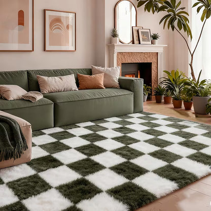 8 × 10 FT Green & White Checkered Shaggy Area Rug