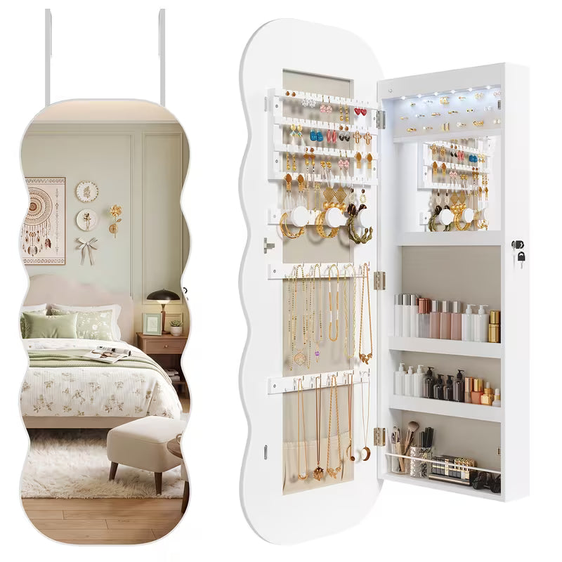 Wavy Mirror Jewelry Cabinet with 6 LED Lights, Interior Makeup Mirror & Lockable Storage
