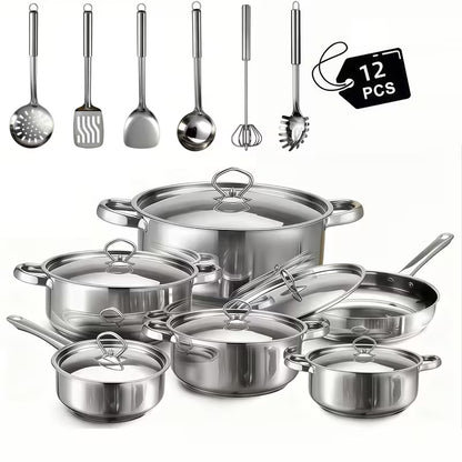 12-Piece Stainless Steel Cookware Set with Lids & Utensils – Induction Compatible Kitchen Pots and Pans