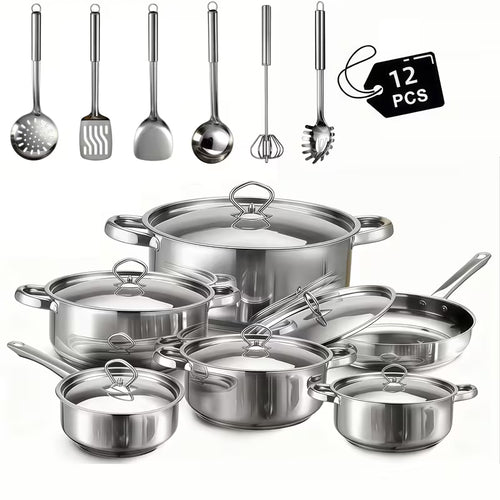 12-Piece Stainless Steel Cookware Set with Lids & Utensils – Induction Compatible Kitchen Pots and Pans