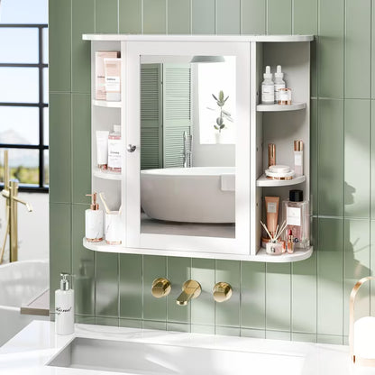 Wall-Mounted Bathroom Mirror Cabinet with 6 Open Side Shelves, White Medicine Storage Cabinet & Bathroom Organizer