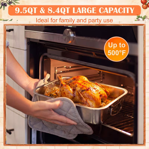 2-Piece Deep Stainless Steel Roasting Pan Set – Large Rectangular Oven Roaster with Handles