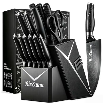 15-Piece Stainless Steel Kitchen Knife Set with Knife Block & Built-In Sharpener