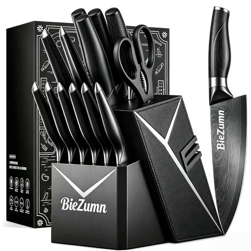 15-Piece Stainless Steel Kitchen Knife Set with Knife Block & Built-In Sharpener