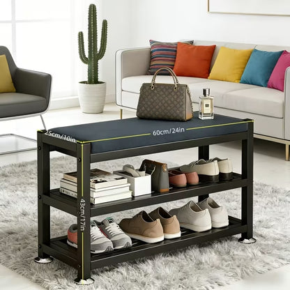 Modern Entryway Shoe Bench with Thick Cushioned Seat, Multi-Compartment Shoe Rack Organizer with Metal Frame for Bedroom, Hallway & Entryway