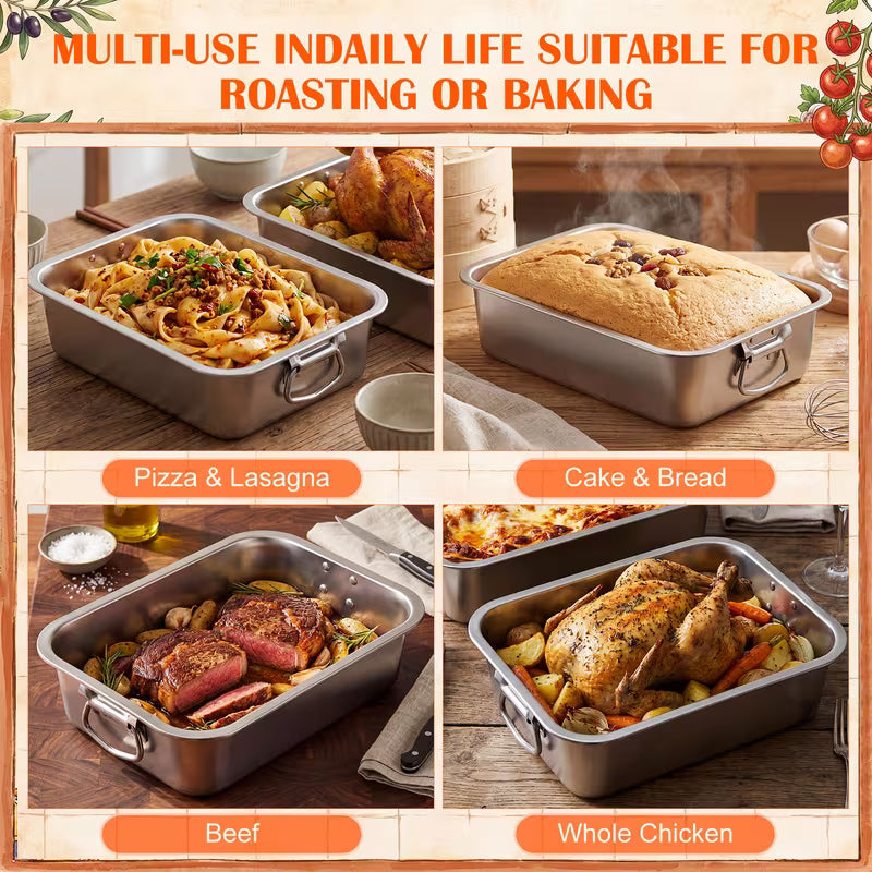 2-Piece Deep Stainless Steel Roasting Pan Set – Large Rectangular Oven Roaster with Handles