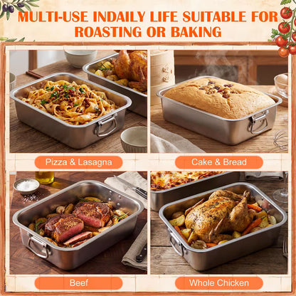 2-Piece Deep Stainless Steel Roasting Pan Set – Large Rectangular Oven Roaster with Handles
