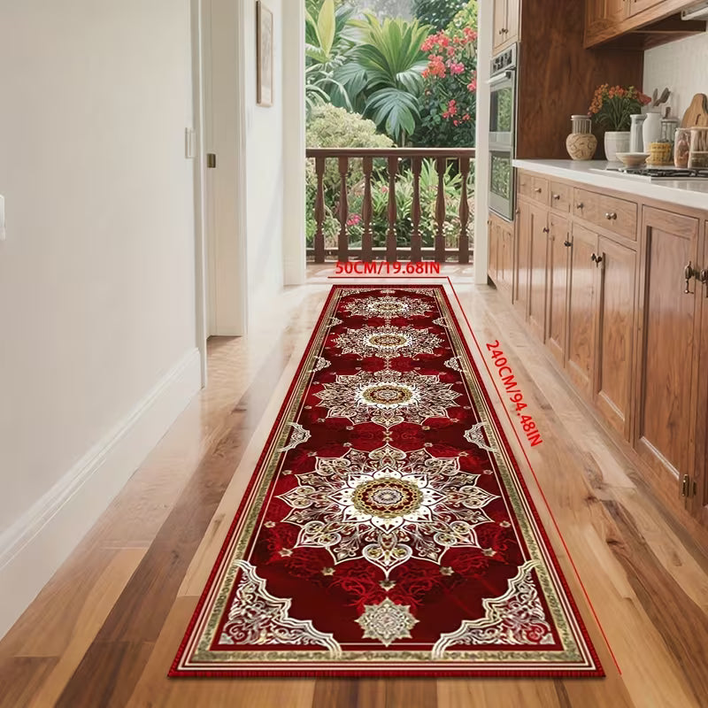 Luxury Burgundy & Gold Runner Rug, Long Rectangular Medallion Pattern Floor Mat with Non-Slip Backing, Machine Washable