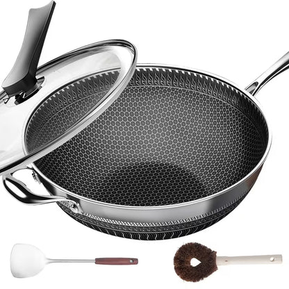 13.3-Inch Tri-Ply Stainless Steel Nonstick Wok with Lid & 2-Piece Cookware Set