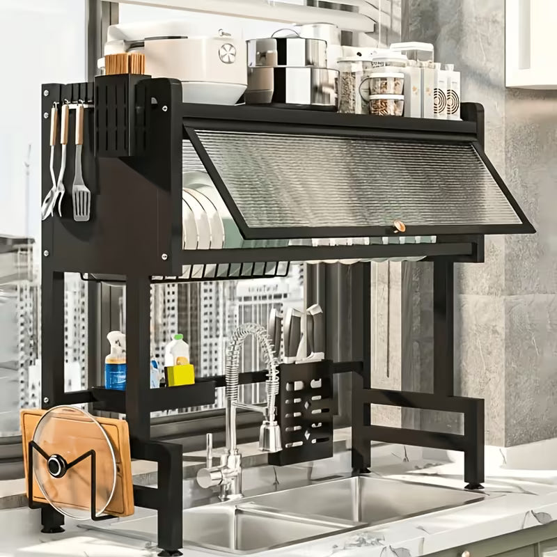 Black Over Sink Dish Drying Rack with Cover, Large Kitchen Dish Organizer with Cabinet Doors, Countertop Space Saver