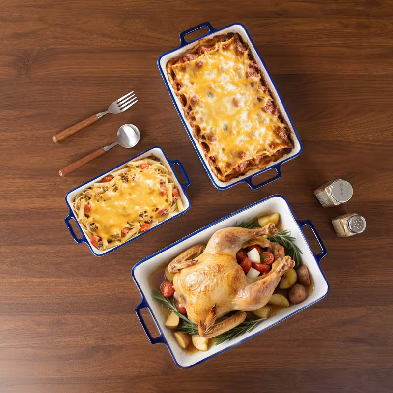 3-Piece Blue & White Ceramic Casserole Baking Dish Set Bake, Cook, Serve & Enjoy Every Meal in Style