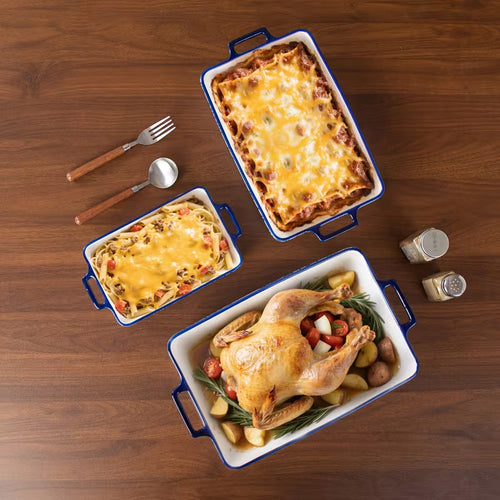 3-Piece Blue & White Ceramic Casserole Baking Dish Set Bake, Cook, Serve & Enjoy Every Meal in Style