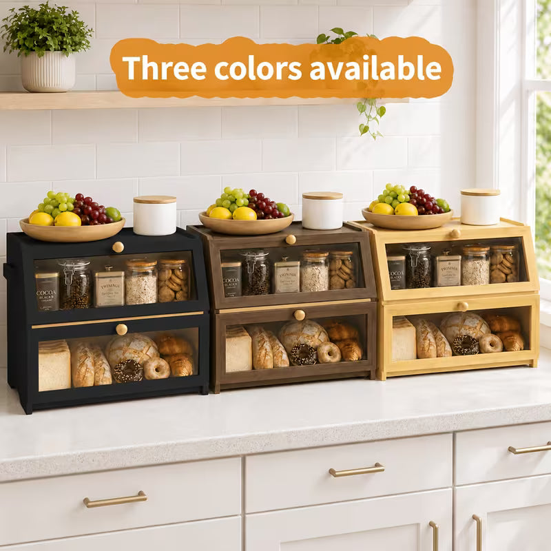 Large Bamboo Bread Box with Lid, Countertop Food Storage Organizer for Bread, Pastries & Baked Goods