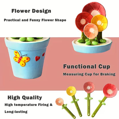 Flower-Shaped Ceramic Measuring Spoon Set with Holder