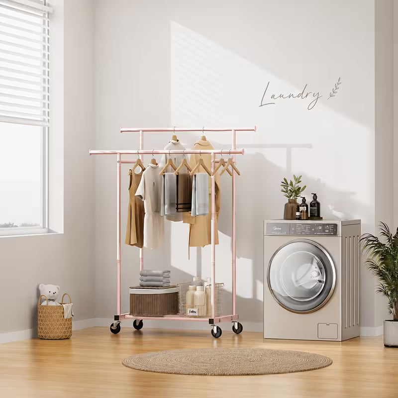 Heavy-Duty Double Rod Clothing Rack with Lockable Wheels – Large Capacity Garment Organizer