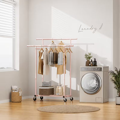 Heavy-Duty Double Rod Clothing Rack with Lockable Wheels – Large Capacity Garment Organizer