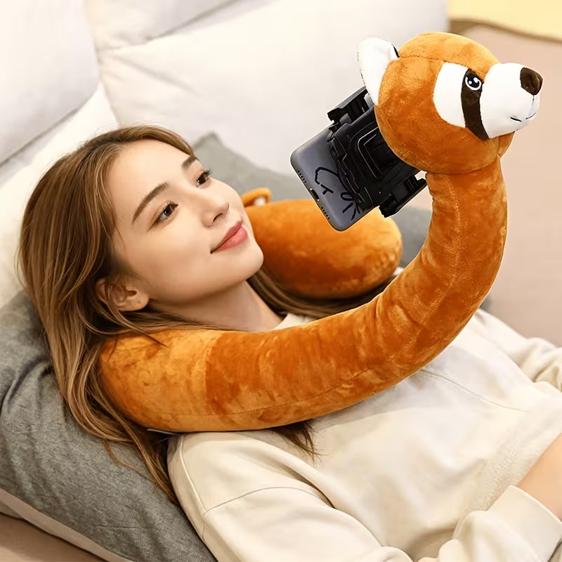 2-in-1 Cute Animal Neck Pillow & Phone Holder – U-Shaped Plush Travel Pillow & Hands-Free Phone Stand