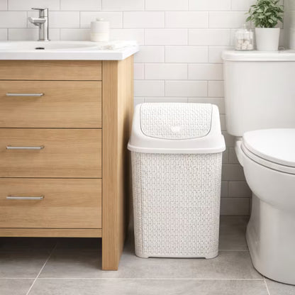 Modern Woven-Style Flip Lid Trash Can, Minimalist Plastic Waste Bin for Bathroom, Bedroom & Office