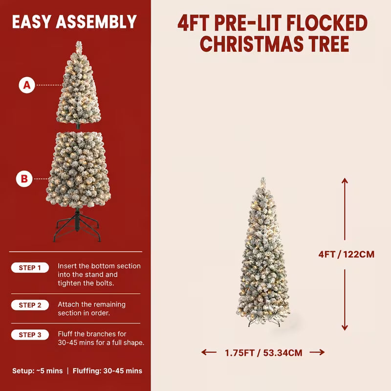 Snow-Flocked Artificial Pencil Christmas Tree with Warm White Lights