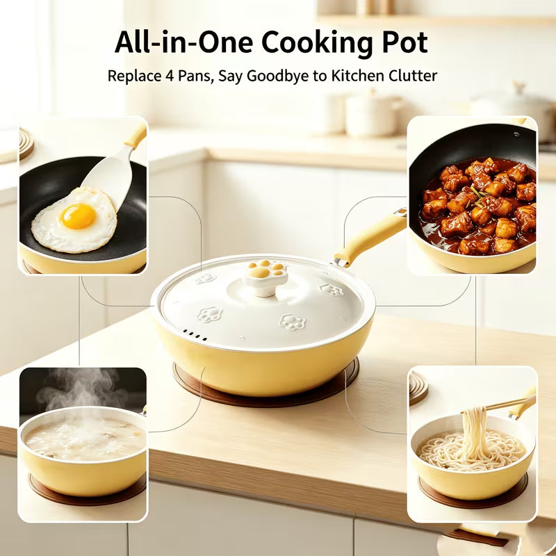 12.6-Inch Cat Paw Nonstick Wok with Lid – Deep Family Cooking Pan