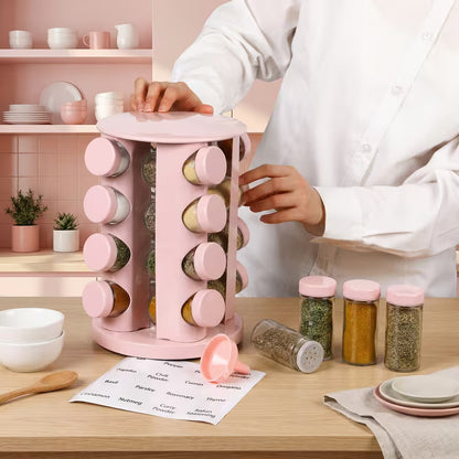 Pink 360° Rotating Spice Rack with 16 Glass Jars