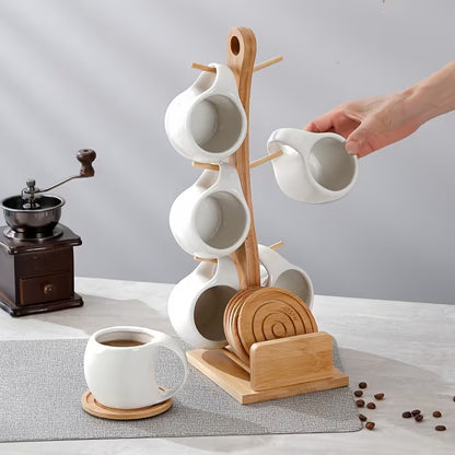 6-Piece Ceramic Coffee Cup Set with Wooden Coasters & Holder