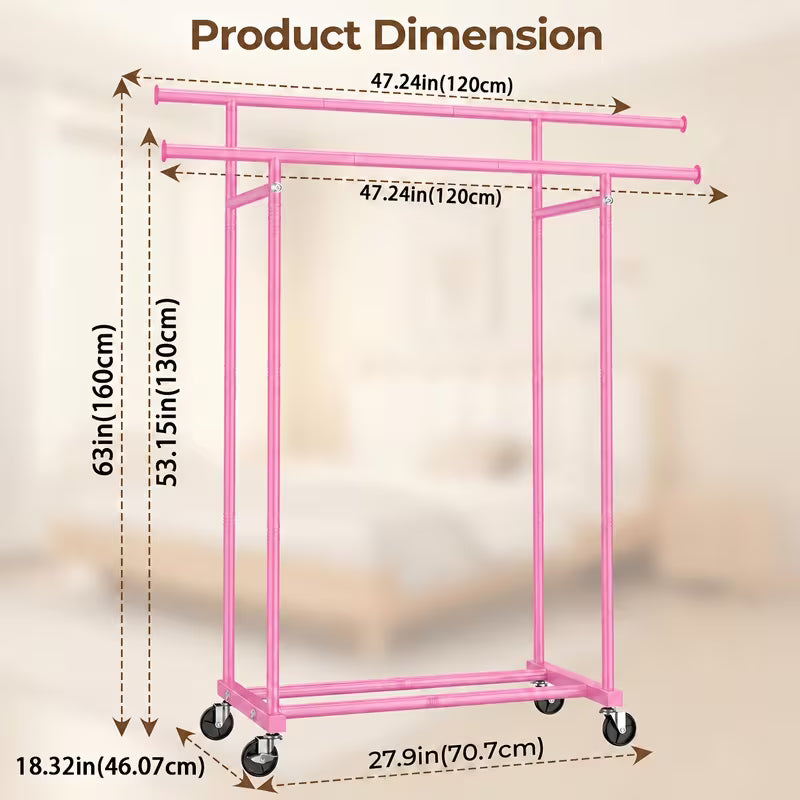 Heavy-Duty Double Rod Clothing Rack with Lockable Wheels – Large Capacity Garment Organizer