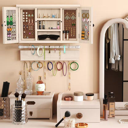 Wooden Wall-Mounted Jewelry Organizer with Removable Bracelet Rod, Metal Hooks & Storage Shelf