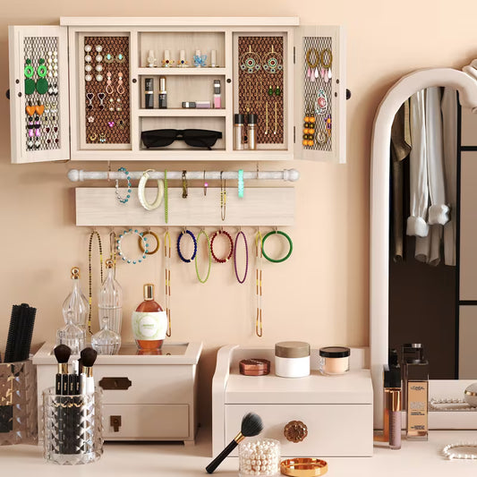 Wooden Wall-Mounted Jewelry Organizer with Removable Bracelet Rod, Metal Hooks & Storage Shelf