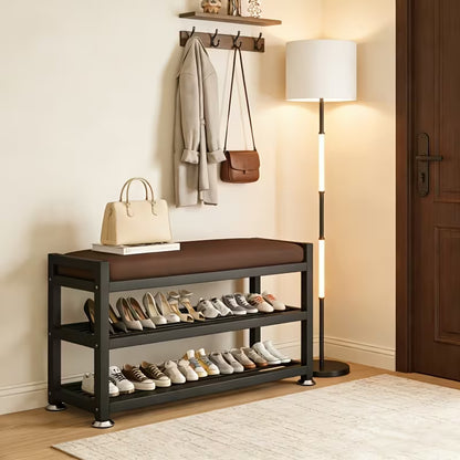 Modern Entryway Shoe Bench with Thick Cushioned Seat, Multi-Compartment Shoe Rack Organizer with Metal Frame for Bedroom, Hallway & Entryway