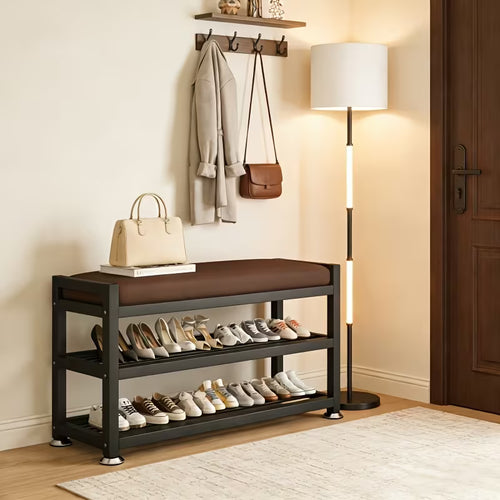 Modern Entryway Shoe Bench with Thick Cushioned Seat, Multi-Compartment Shoe Rack Organizer with Metal Frame for Bedroom, Hallway & Entryway
