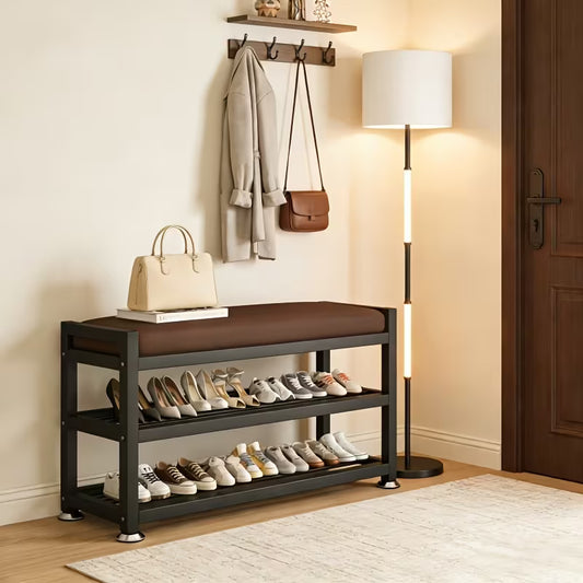 Modern Entryway Shoe Bench with Thick Cushioned Seat, Multi-Compartment Shoe Rack Organizer with Metal Frame for Bedroom, Hallway & Entryway