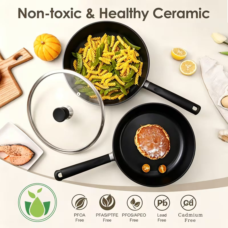 8-Piece Black Nonstick Cookware Set with Glass Lids