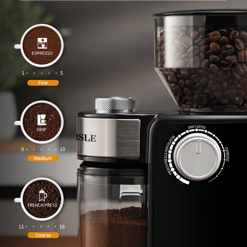 Electric Coffee Grinder with Adjustable Burrs – 15 Grind Settings