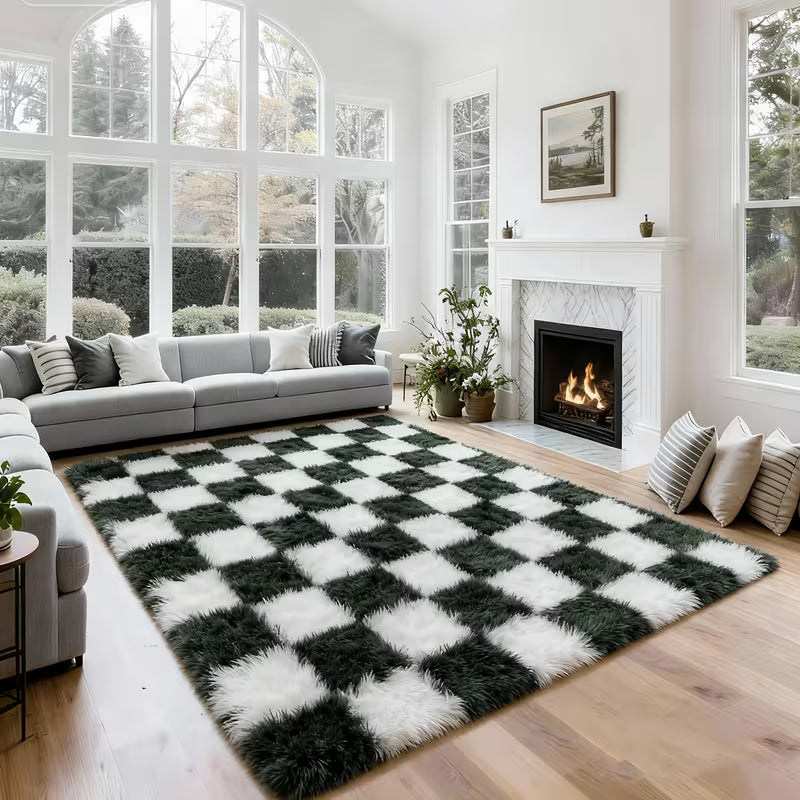 8 × 10 FT Green & White Checkered Shaggy Area Rug