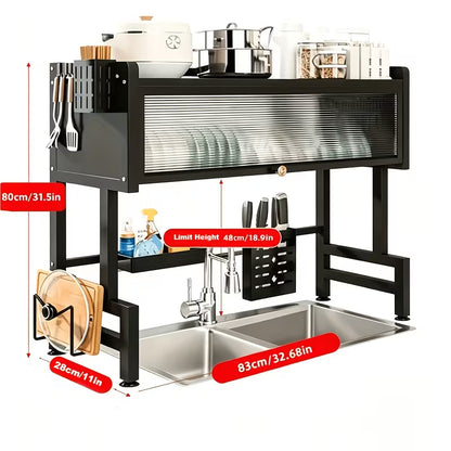 Black Over Sink Dish Drying Rack with Cover, Large Kitchen Dish Organizer with Cabinet Doors, Countertop Space Saver