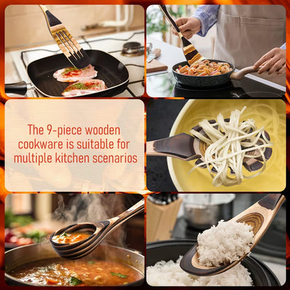 9-Piece Brown Pakkawood Kitchen Utensil Set