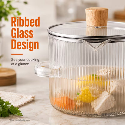 2-Piece Ribbed Borosilicate Glass Saucepan Set with Lids – Stovetop-Safe Cooking Pots