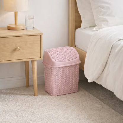 Modern Woven-Style Flip Lid Trash Can, Minimalist Plastic Waste Bin for Bathroom, Bedroom & Office