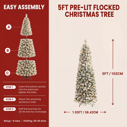 Snow-Flocked Artificial Pencil Christmas Tree with Warm White Lights