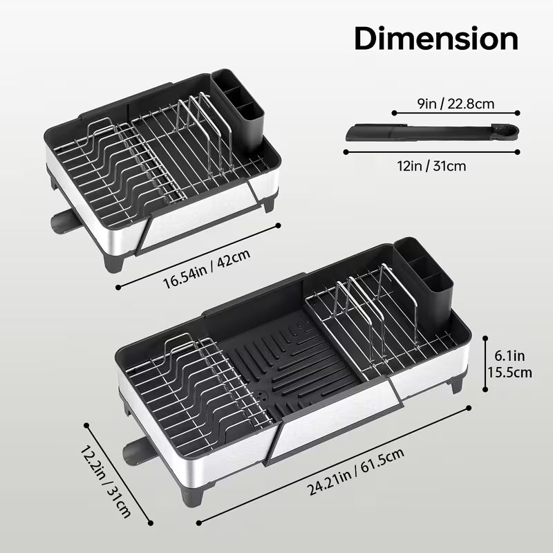 Adjustable Stainless Steel Dish Drying Rack with Utensil Holder & Pan Rack
