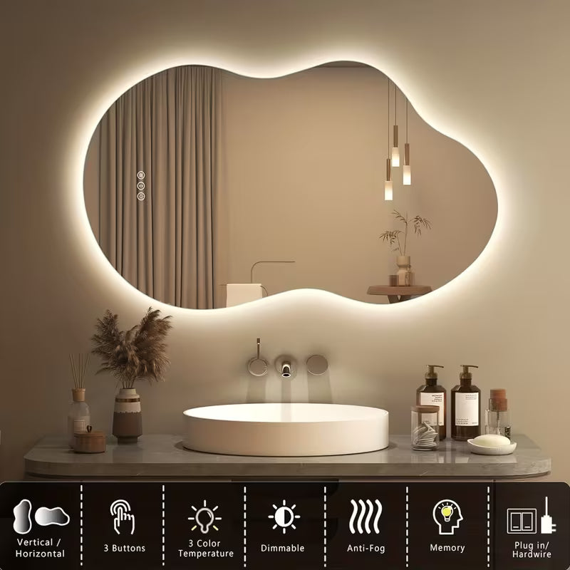 Irregular LED Bathroom Mirror with Lights – 40 x 24 Inch Asymmetrical Cloud Vanity Mirror