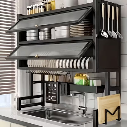 Black Over Sink Dish Drying Rack with Cover, Large Kitchen Dish Organizer with Cabinet Doors, Countertop Space Saver