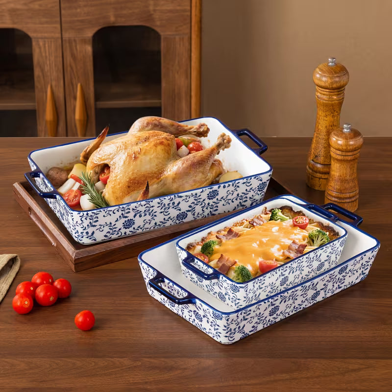 3-Piece Blue & White Ceramic Casserole Baking Dish Set Bake, Cook, Serve & Enjoy Every Meal in Style